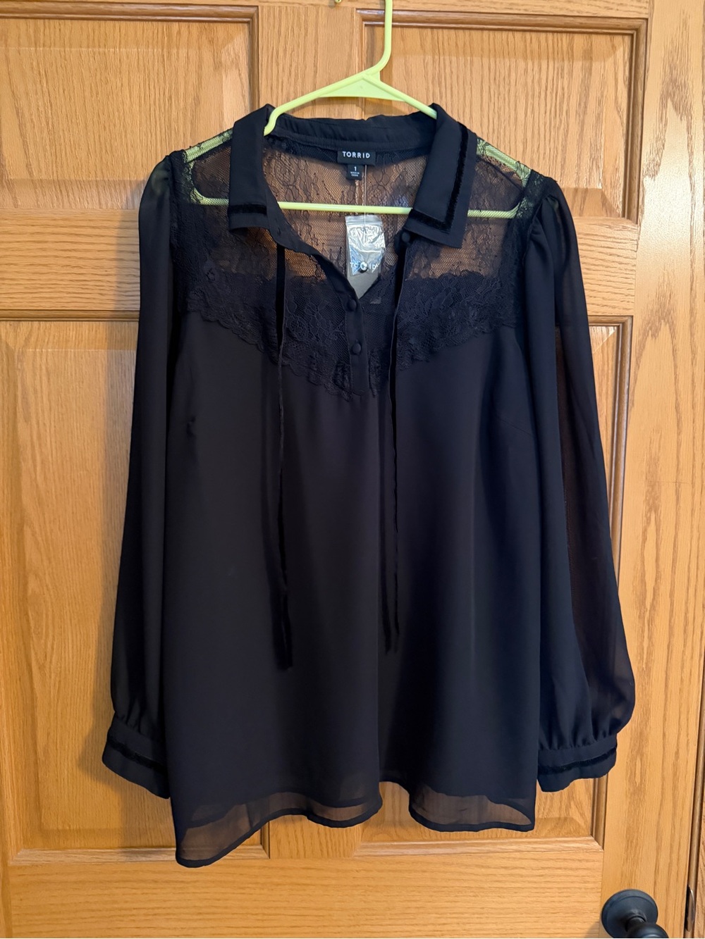 torrid Black Lace-Yoke Sheer Long-Sleeve Blouse